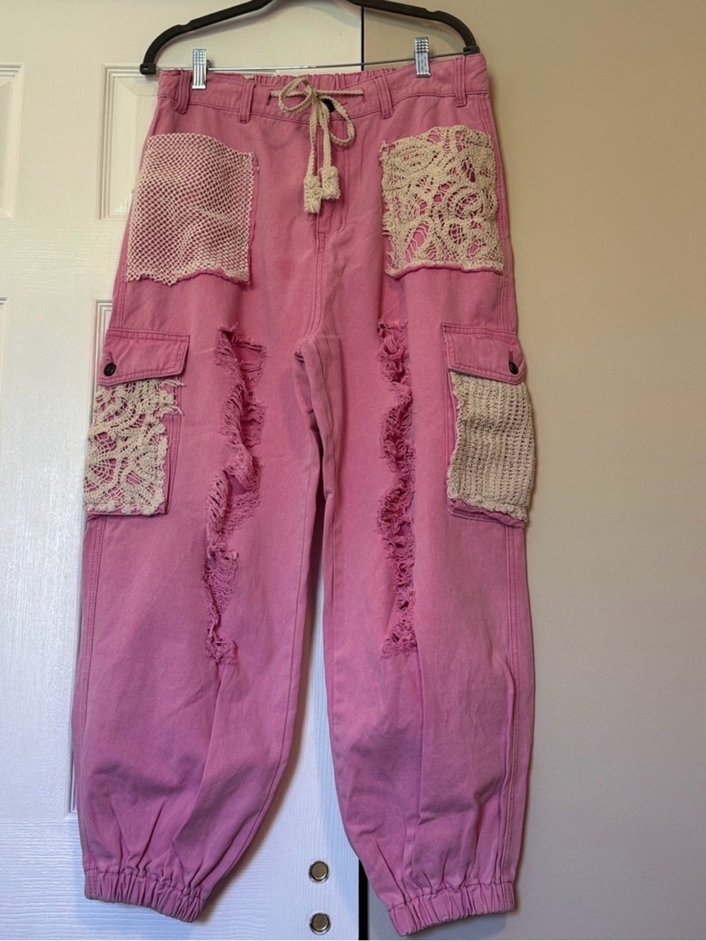 POL Pink Cargo Joggers with Cream Crochet Patches